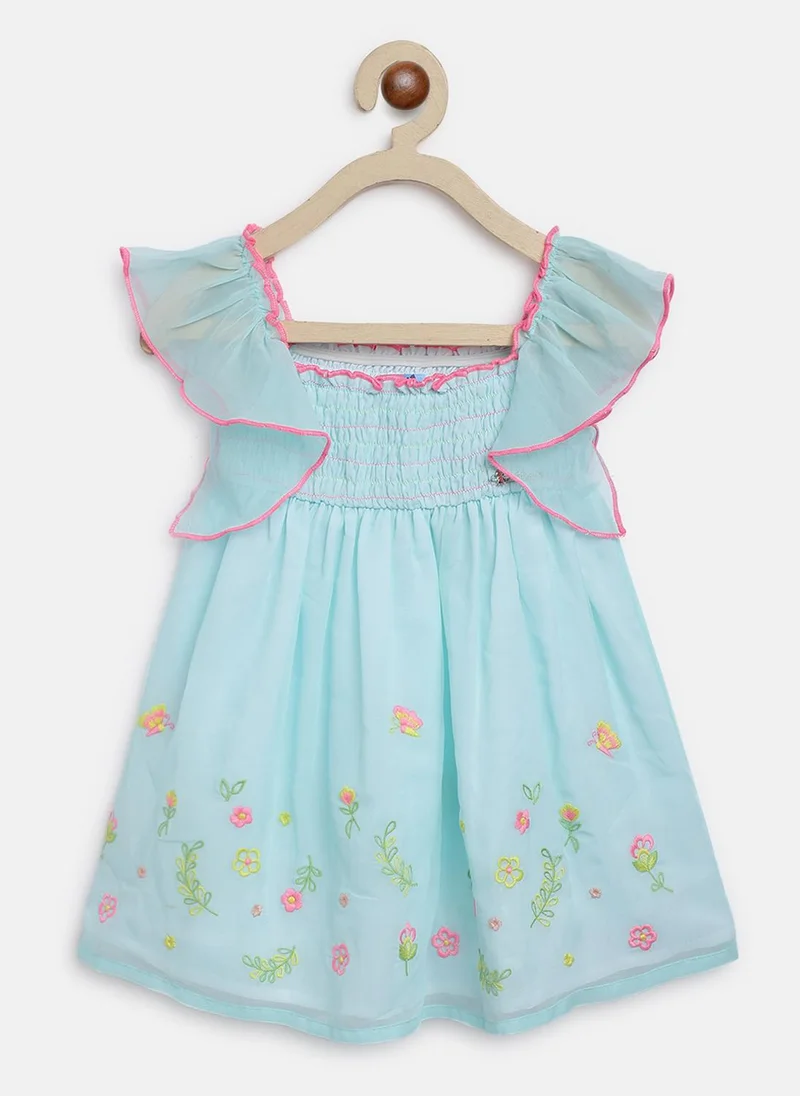 Nautinati Girls' Georgette Floral Embroidered Smocked A-Line Dress